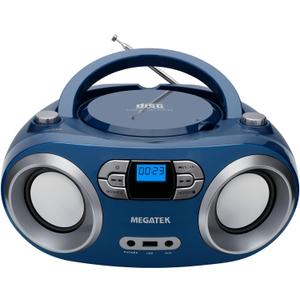 MEGATEK Portable CD Player Boombox with FM Radio, Bluetooth, USB Port, AUX Input, and Headphone Jack  CD-R/CD-RW/MP3-CD Compatible, Clear Stereo Sound, Backlit LCD Display  Blue Jay