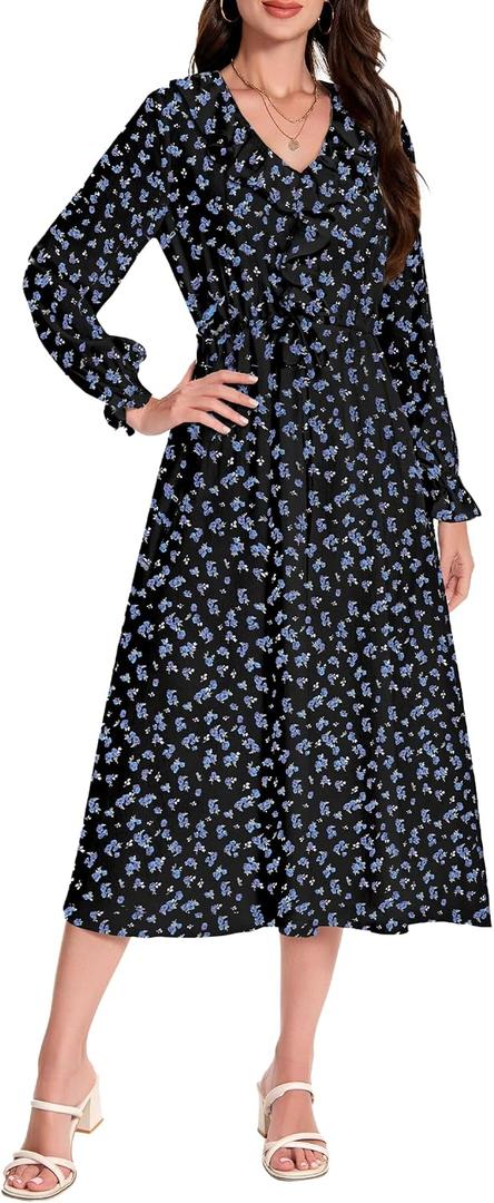 LUXEBOLD Womens Boho Maxi Dress Floral Dress Long Sleeve Ruffle V Neck Flowy Spring Casual Beach Vacation Long A Line Dresses Black Rose S