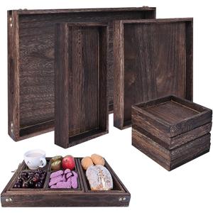 Wood Serving Tray with Handles, Set of 7 Rectangular Wooden Nesting Multipurpose Trays, Decorative Serving Trays Platter for Breakfast in Bed, Lunch, Dinner, Patio, Ottoman, Coffee Table, Party