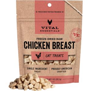 Vital Essentials Freeze Dried Cat Treats | Chicken Breast, Single Ingredient | Premium Quality | Grain Free, Healthy Treats for Cats, 1 oz Bag (EXP 05/13/26)