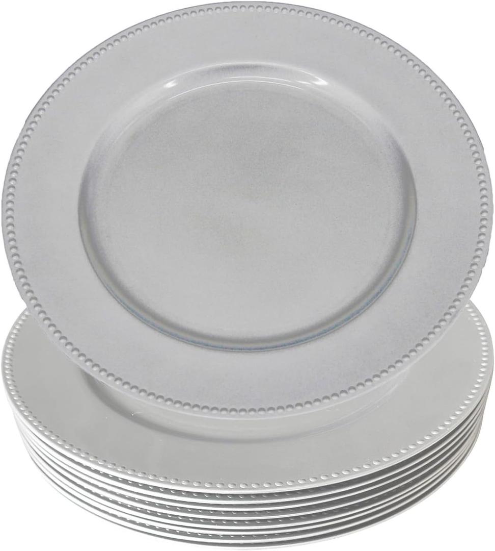 WELMATCH Silver Plastic Beaded Charger Plates - 12 pcs 13 Inch Round Wedding Party Decroation Charger Plates (Silver, 12)