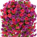 Homsunny Artificial Faux Hanging Flowers Plants Baskets for Outdoor Spring Summer Decorations,Resistant Fake Morning Glory Silk Plants for Outside UV Resistant Patio Yard Home Porch Decor(Red Purple)