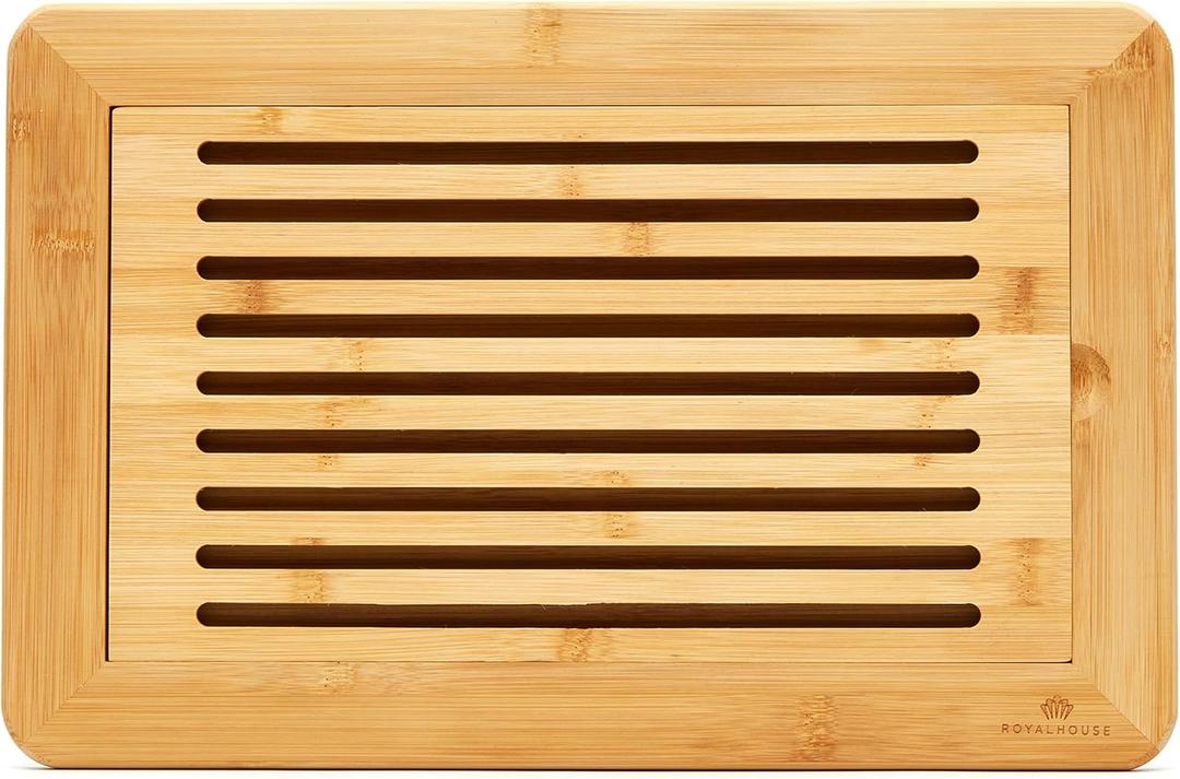 RoyalHouse Large Premium Natural Bamboo Bread Cutting Board with Crumb Tray, Bread Serving Tray for Kitchen