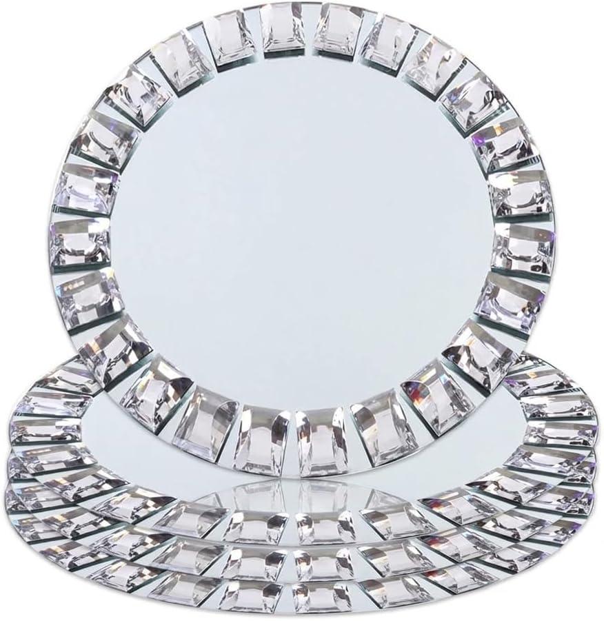 Silver Glass Charger Plates, Set of 4-13 Inch Round Mirror Chargers with Glass Mosaic Rim for Wedding Party Table Decor