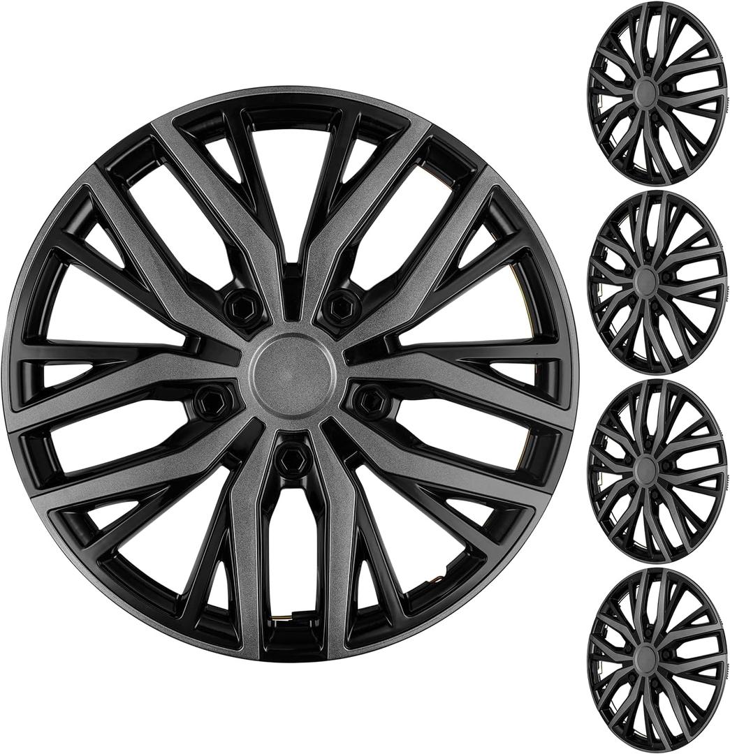 16 Inch Universal Hubcaps Wheel Covers, Snap-On Wheel Rim Covers for Cars and SUVs, Compatible with Most Steel Wheels, Set of 4 (Grey and Black)