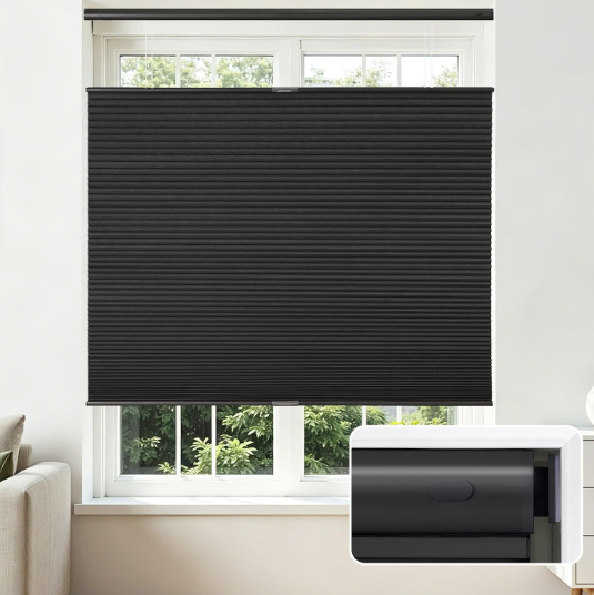 Joydeco No Drill Blackout Cordless Cellular Shades, 34" W x 64" H, Black