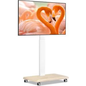 TVON Rolling TV Stand for 32 to 65 70 Inch TVs, Elegant Floor TV Stand with Wheels, Mobile TV Cart with 9 Levels of Height Adjustment for Optimal Viewing, White Floor Stand for Living Room, Outdoor (Wooden Base)