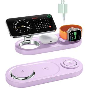 Upgraded 3 in 1 Wireless Charging Station for Apple Devices, Faster Mag-Safe Charger Stand, Magnetic Charger Station for iPhone 17/16/15/14/13/12 Series & AirPods Pro & Apple Watch Series (Purple)