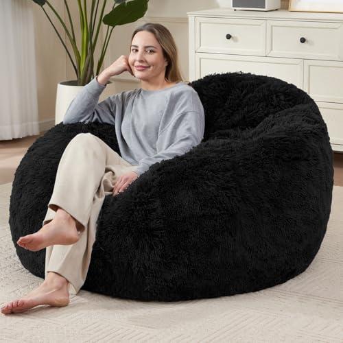Bean Bag Cover (No Filler), Soft Faux Fur Stuffed Animal Bean Bag Storage, Fluffy Plush Bean Bag Chair Cover Washable, Comfy Bean Bag Covers for Adults Kids Teens, 38"x40" Black