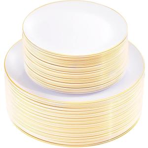 KIRE 100PCS Disposable Plates - White with Gold Rim Plastic Plates - Includes 50Pieces 10.25inch Dinner and 50Pieces 7.5inch Dessert/Salad Plate for Mother's Day/Wedding/Spring Party/Graduation