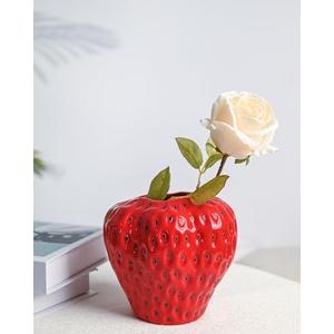 DN DECONATION Red Strawberry Vase, Strawberry Ceramic Flower Vases for Colorful Girly Home Decor, Decorative Cute Vase for Strawberry Party Decorations