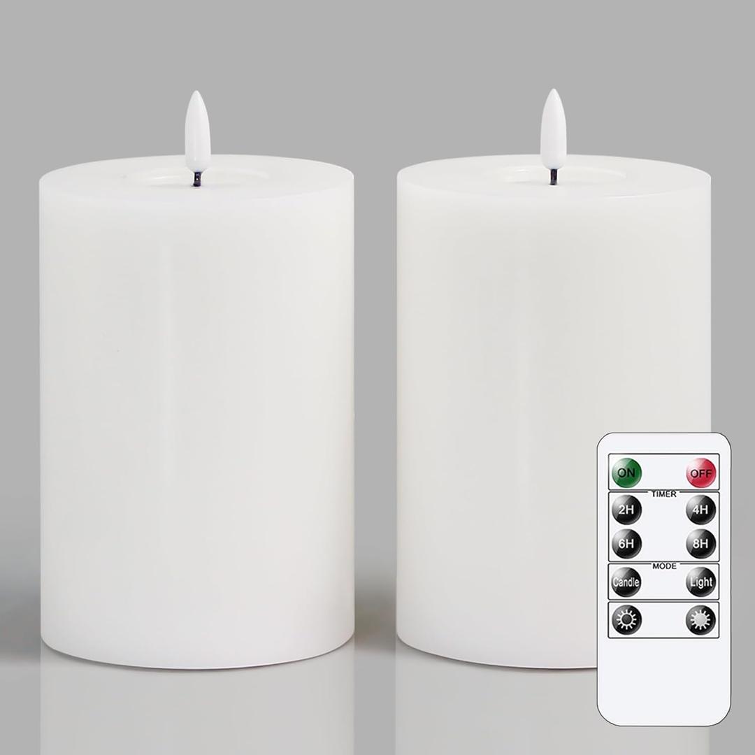 Flameless Flickering 4" x6" Real Wax White Remote Candles with Candle Grease, Pack of 2 Timer LED Battery Operated Fake Warm Light Pillar Candles for Home, Banquet, Ceremony Decoration