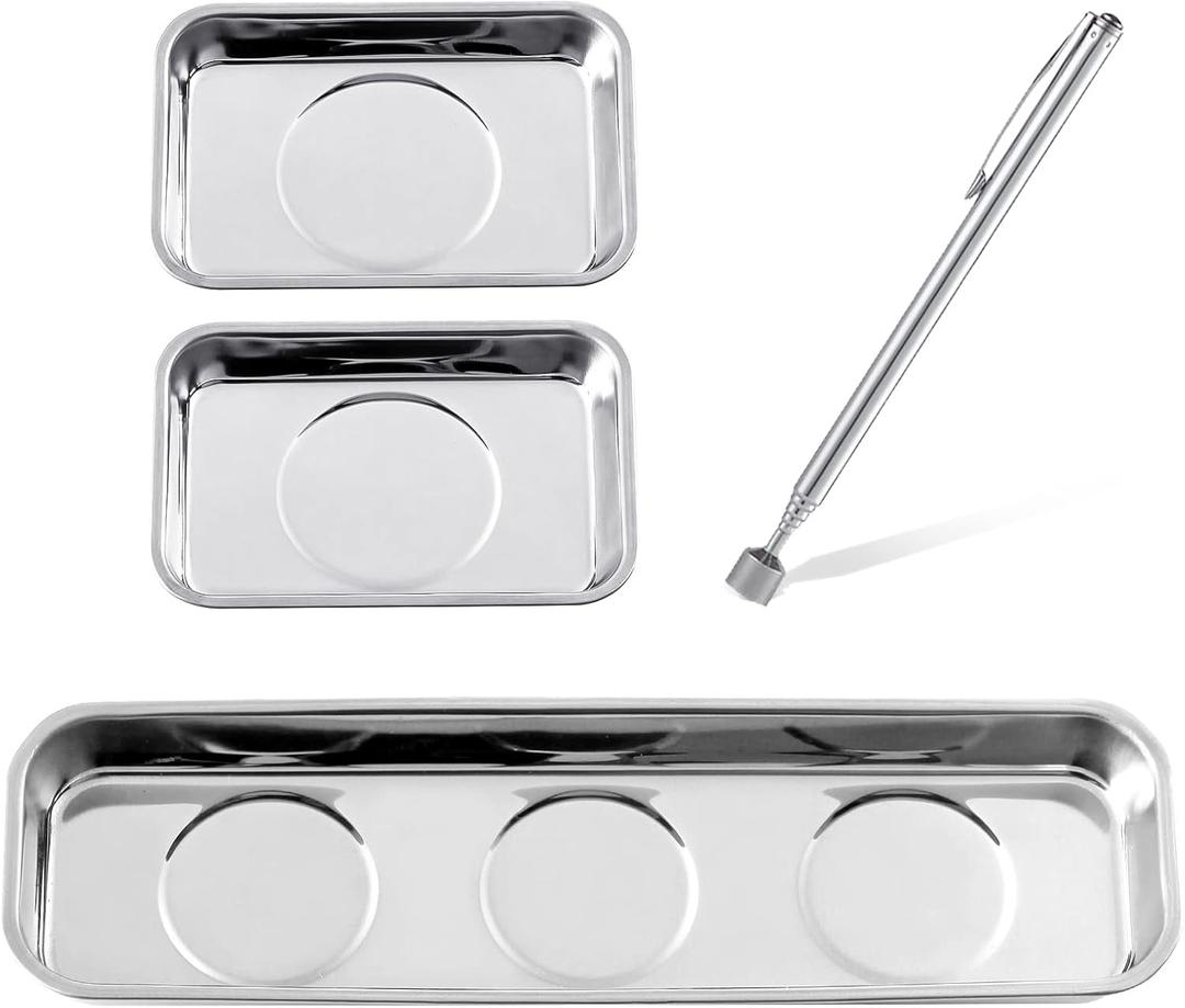 3 Pieces Magnetic Trays with 5LBs Telescoping Magnetic Pick-up Tool Set, 8.9" and 2 Pieces 3.7" Rectangle Stainless Steel Magnet Parts Tray for Screws, Mechanic's