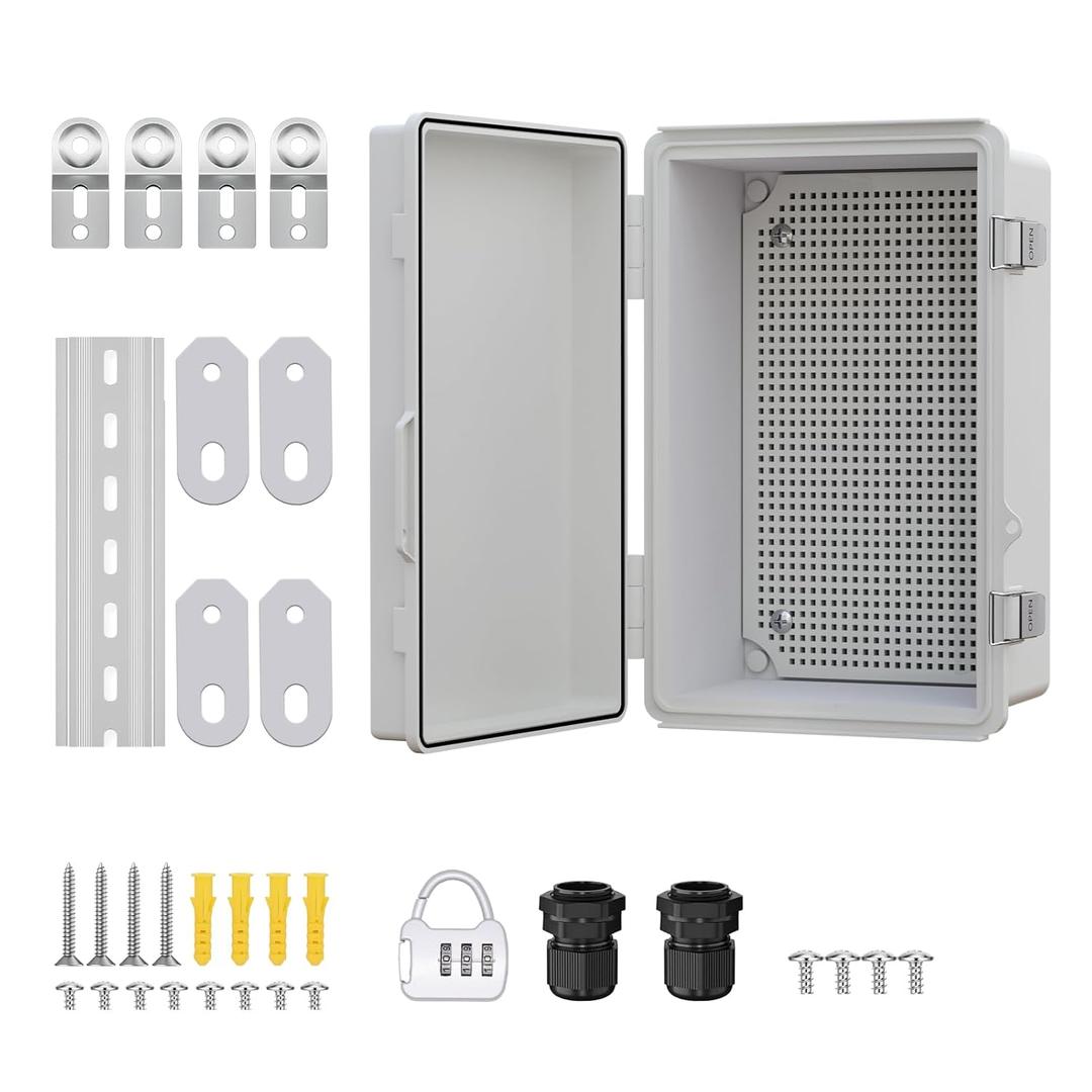 BSEED Waterproof Electrical Junction Box, Outdoor Enclosure with Hinged Cover, Mounting Plate & Wall Brackets - Lockable ABS Plastic Box for Router, Switch, Electrical Project (Grey, 13.8"9.8"5.9")