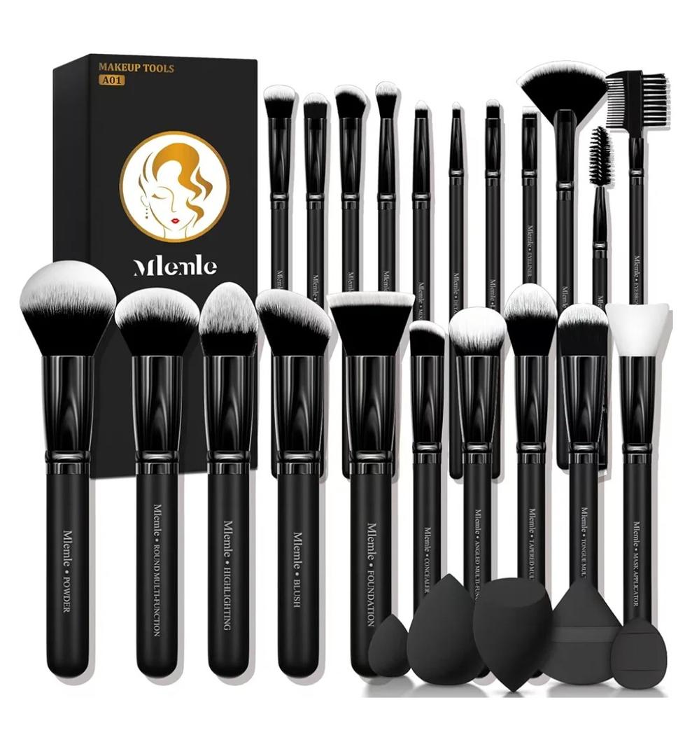 Makeup Brushes Set, Mlemle Professional 26 Pcs Makeup Kit, Include Powder Foundation Concealers Blush Eye shadows Eyebrow 21 Pcs Makeup Brushes and 2 Powder Puff, 3 Makeup Sponge(A01-Black)