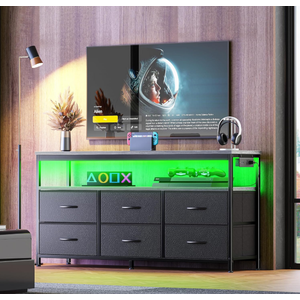 Huuger LED TV Stand for Bedroom, 47 Inch Dresser TV Stand for 43, 50, 55 Inch TV, Grey Black TV Stand with Storage, Entertainment Center with Power Outlets, 6 Drawer Fabric Dresser for Living Room