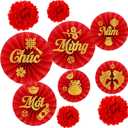 Tenceur 10 Pcs Vietnamese Lunar New Year Decoration Vietnamese Paper Fans and Red Tissue Paper Flowers Decorations for Lunar New Year Festival Party Supplies (Chc Mng Nm Mi)