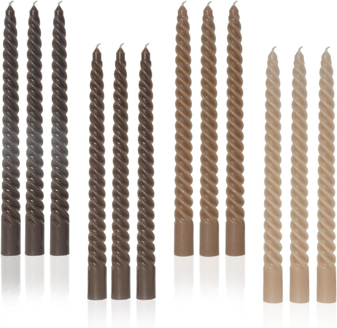 Brown Tall Taper Candles Spiral Candle Sticks,Unscented Pastel Candle for Holiday,Wedding and Home Decoration,10inch,12 Pack(E-Gradient Brown)