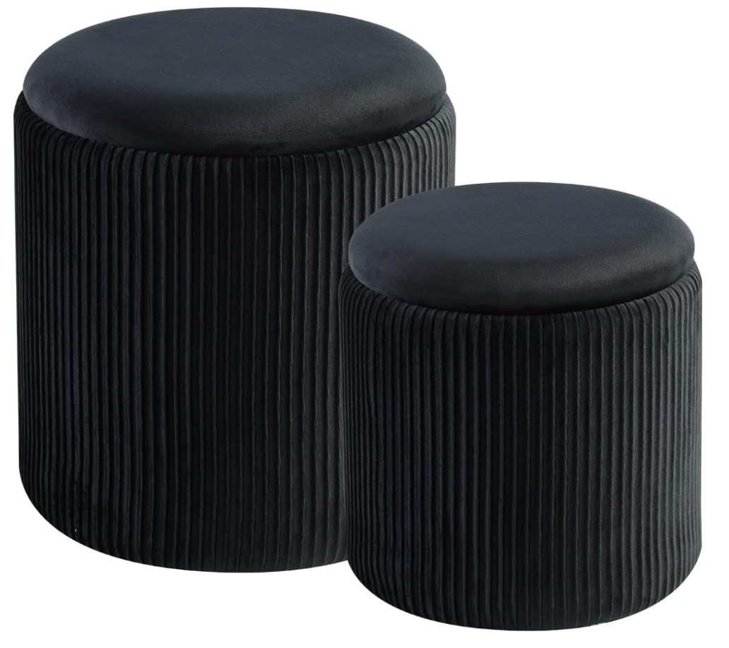 BLEXA Round Set of 2 Ottoman with Storage - Upholstered Velvet Vanity Stool for Makeup Multifunctional Ottomans Coffee Table Padded Seat Foot Rest for Living Room & Bedroom (Black)