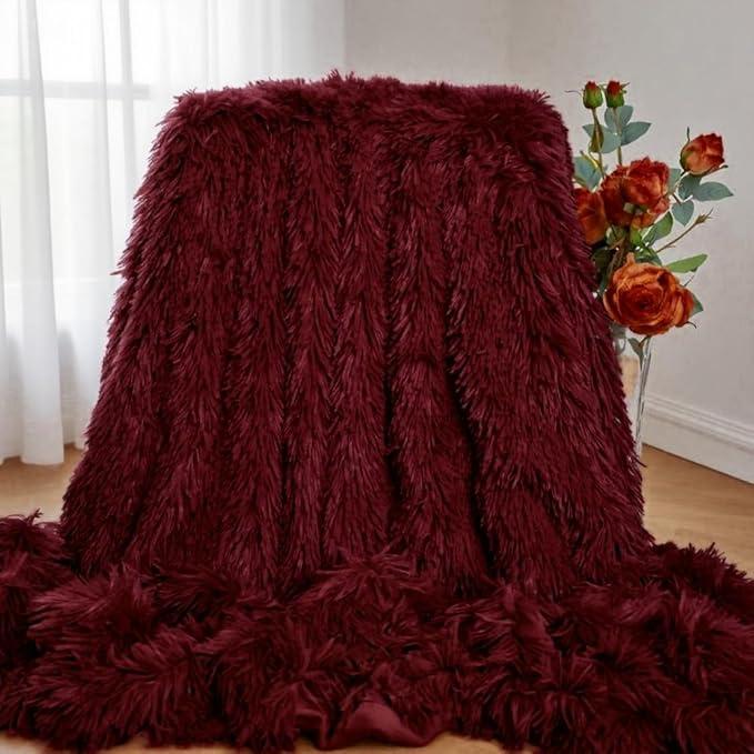 MYRU Plush Super Soft Blanket Bedding Sofa Cover Furry Fuzzy Fur Warm Throw Qulit Cozy Couch Blanket for Winter (51"x 63", Burgundy Red)