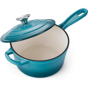 Onader Enameled Cast Iron Sauce Pan, 2QT Saucepan with Lid, Small Cast Iron Pot for Cooking, Enamel Dutch Oven Nonstick & Heavy Duty  Dark Cyan