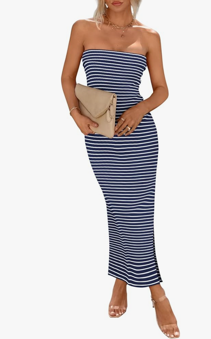 PRETTYGARDEN Women's Summer Bodycon Maxi Tube Dress Ribbed Strapless Side Slit Long Going Out Casual Elegant Party Dresses, Size -L