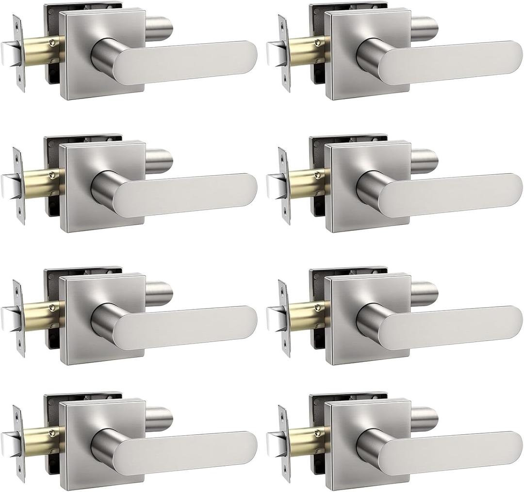 Heavy Duty Passage Door Handle, Door Lever with Rectangular Design, Non-Locking for Hallway Closet, Easy Installation, Satin Nickel, 8 Pack