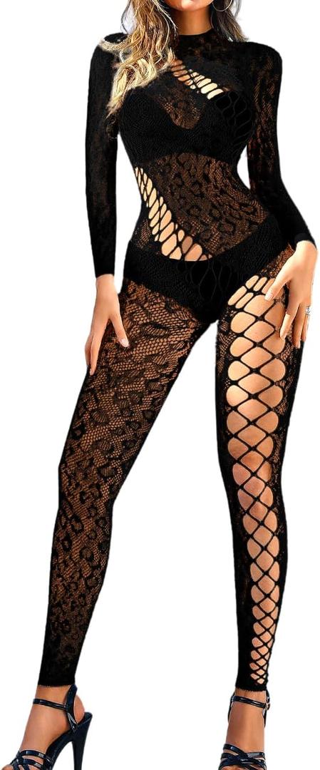 HSUYAB Sexy Jumpsuits For Women, Poster Sheer Mesh Jumpsuit, Exotic Dancewear Dancer Club Leopard Fishnet Clubwear One Piece Outfit Music Festival Rave Outfits One Size Plus Size Black
