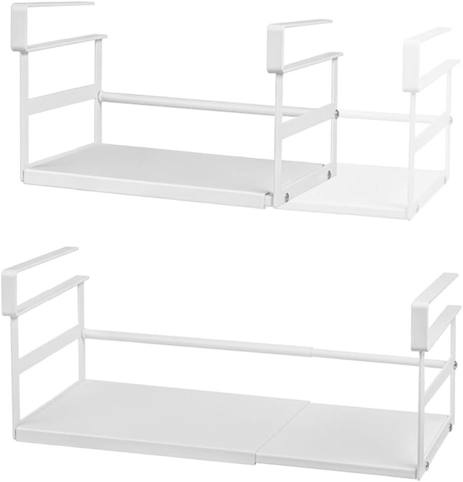 Under Shelf Storage Basket, 2 Pack Heavy-Duty Hanging Baskets Under Cabinet Shelf Organizer, Expandable Add-on Space Saver Kitchen, Pantry, Laundry Room, Slide-in White Shallow Depth