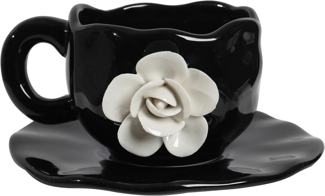 Cute Ceramic Coffee Cups, Unique Fancy Tea Cups with Saucer, 11OZ for Cappuccino Latte Milk