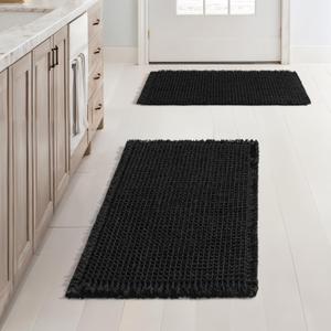 MIULEE Set of 2 Waffle Bathroom Rugs, Boho Bath Rugs Non Slip Washable, Super Absorbent Bath Mats, Ultra Soft Rubber Backed Shower Mats for Bathroom Floor, Tub and Shower, Black, 17x24 Inch