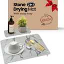 Stone Drying Mat for Kitchen Counter - 15.7"x11.8" with 11'' x 4.3 '' Soap try - Diatomaceous Dish Drying Mat with Non-Slip Stainless Steel Feet - Ideal for Dishes, Bottles etc. (Light Grey)