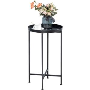 HollyHOME Small Round Metal Waterproof End Table, Accent Indoor&Outdoor Coffee Side Table, Snack Sofa Table for Living Room, Anti-Rust Decorative Plant Stand, (D) 14.5" x (H) 25", Black