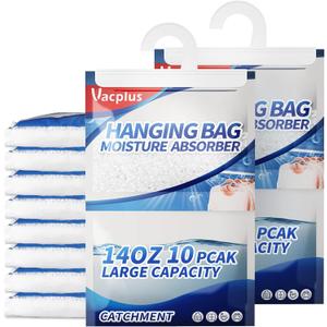 Vacplus Moisture Absorber, Pack of 10 Portable Dehumidifiers for Closet and Enclosed Space, 14 OZ Dehumidifier Bags Effectively Trap Extra Moisture, Hanging Moisture Absorbers Eliminate Unpleasant Smell