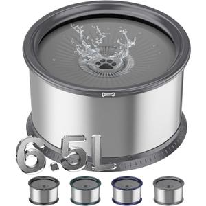 1.6 Gallon Dog Water Bowl, 6.5L/220oz Stainless Steel No Spill Water Bowl for Large Dogs, Super Large Capacity Splash Proof Pet Slow Drinking Water Bowl with Anti-Slip Mat for Mess Drinkers (Grey)