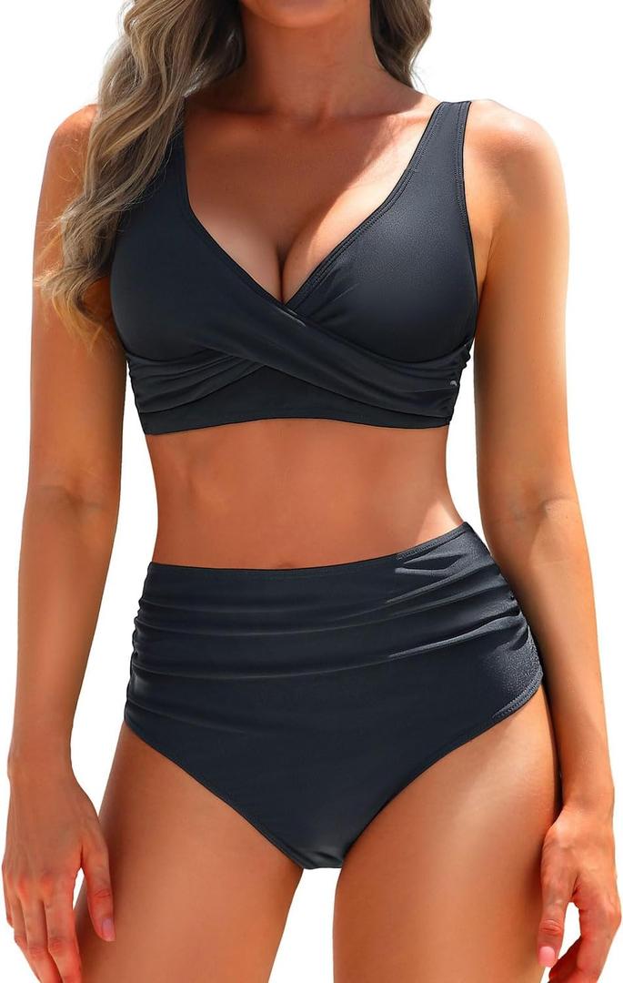 Yonique Women's Two Piece High Waisted Bikini Set Tummy Control Swimsuit Full Coverage Bathing Suit (Medium, Black)