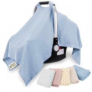 infancie 100% Organic Muslin Cotton Car Seat Cover 35 x 50 Inches Soft Touch Breathable Canopy, Protective Car Seat Cover Baby All Seasons Lightweight Car Seat Cover Travel Comfort (Blue)
