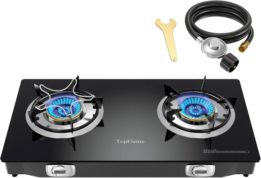2 Burner Propane Stove 27,200 BTU High-Efficiency Tempered Glass Auto-Ignition Gas Burner Stove Top with CSA Hose for Outdoor RV Camping Emergency Cooking
