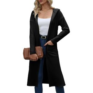 MAKABO Women's Long Cardigans Lightweight, V Neck Knit Button Front Sweaters with Pockets Trendy Outfits for Business Casual (X-Large, Black-hooded)
