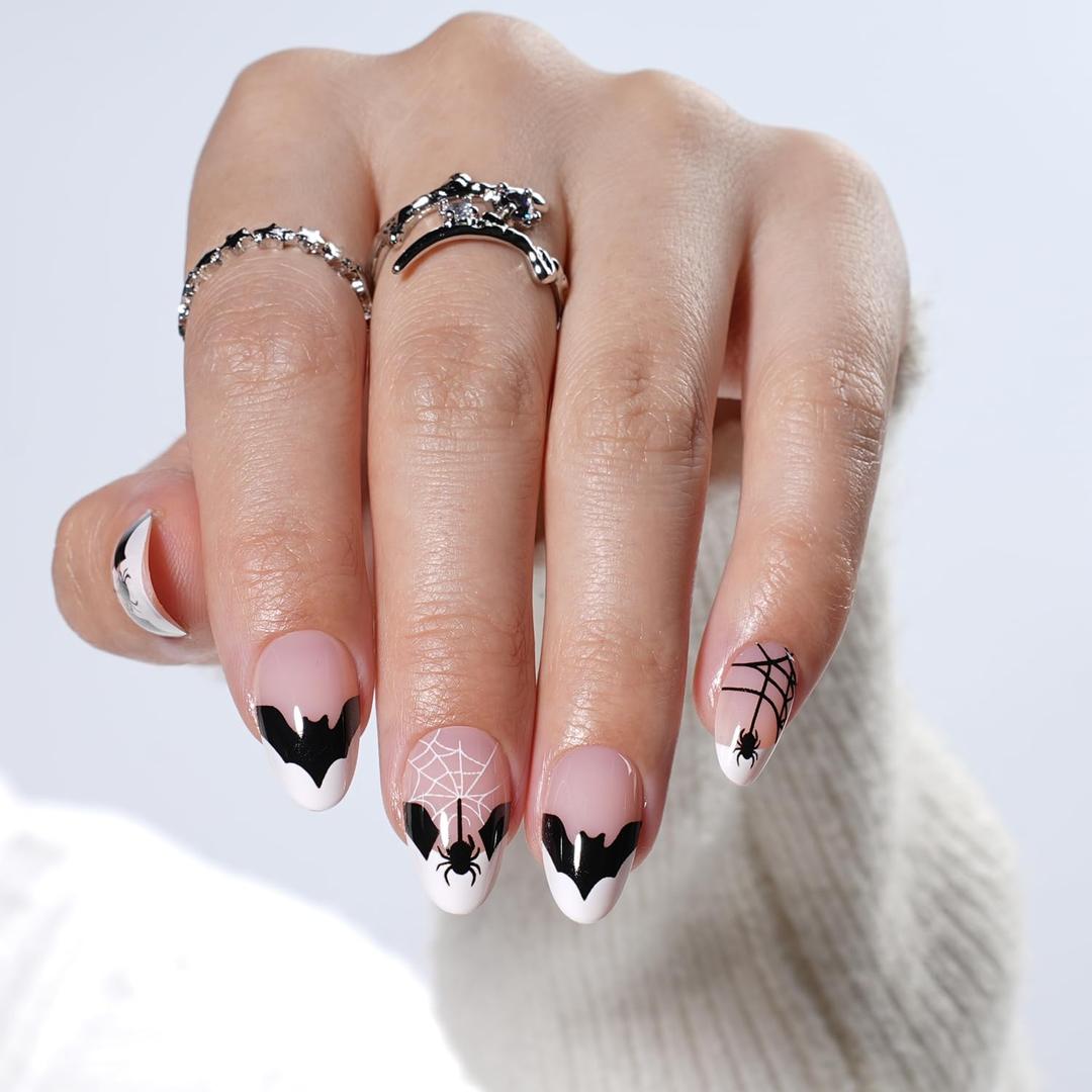 7 x Halloween Press on Nails - French Tip Press on Nail with Blakc Web Bat, Short Almond Fake Nails Reusable Nails Press ons, 32 Pieces in 16 Sizes False Nails Kit with Glue, Grave Whisper