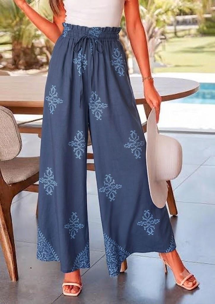 CRAZY GRID Artisanal-Print High Waist Beach Pants for Women Wide-Leg Trendy Trousers with Drawstring-Waist Summer Lounge-Ready Bottoms CarvingBlue Small