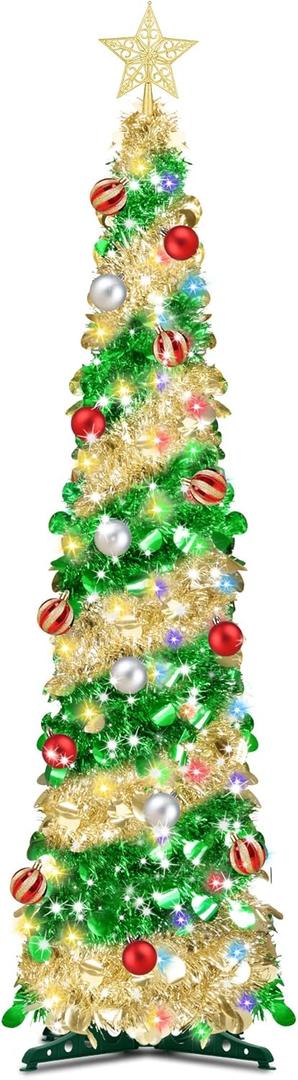 5 Ft Pop Up Christmas Tree Tinsel Dual Color Change Timer 4 Modes DIY 60 Warm White & Colored Lights 15 Christmas Ball Ornament 3D Star Battery Operated Pencil Xmas Slim Tree Home Indoor Holiday Decor (Green Champagne Gold)