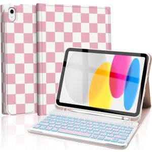 for iPad 11th 10th Generation Case with Keyboard, Backlights LED Wireless Keyboard Cover with Pencil Holder for 11th A16 11-inch 2025，10th Gen 10.9 Inch 2022, Checkered Plaid Pink-White