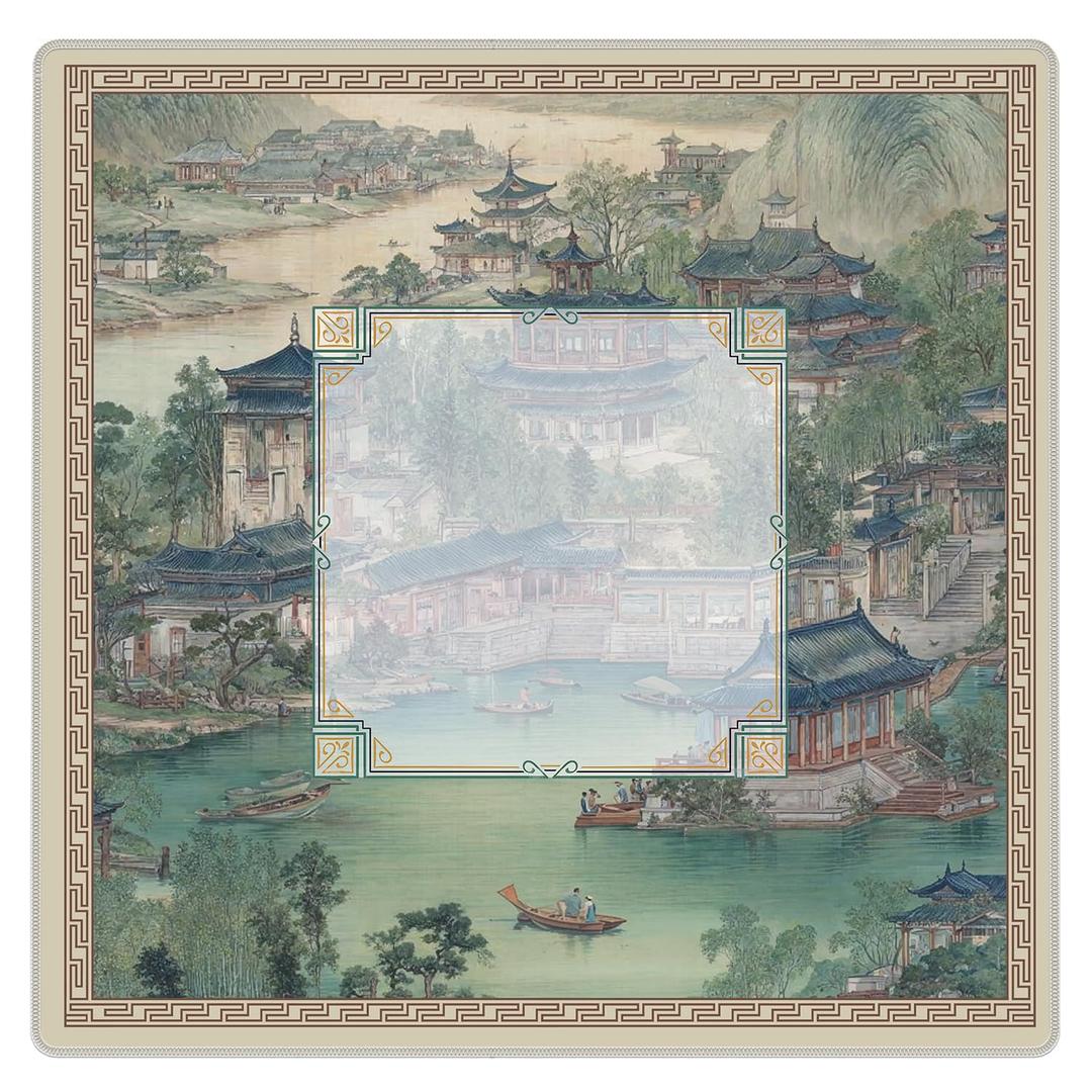 Qabliqo Traditional Chinese Garden Mahjong Mat, Vintage Green Chinoiserie Non-Slip Noise Reduction Gaming Mat 31.5 x 31.5 Inch for Table American Mahjong Games Card Games Poker Board Dominoes