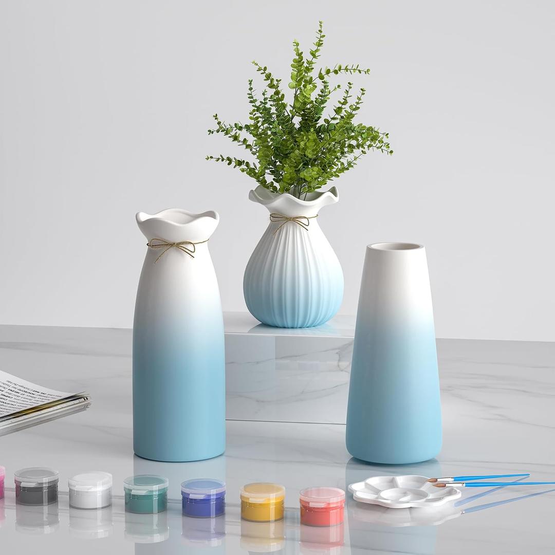 OERGKE 3-Pack Ceramic Vase with Painting Kit, Small vases for Flowers, Modern Rustic Boho Vases for Home Living Room Farmhouse Decor Dining Table Bedroom Table and Kitchen Shelf (Blue)