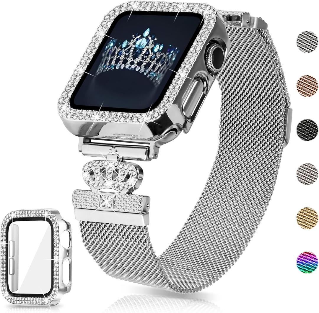 Magnetic Band Compatible with Apple Watch 38mm 40mm 41mm 42mm 44mm 45mm 46mm Stainless Steel Metal Strap with Bling Case and Built-in Screen Protector, Dressy Milanese Loop iWatch Bands for Women (Silver)