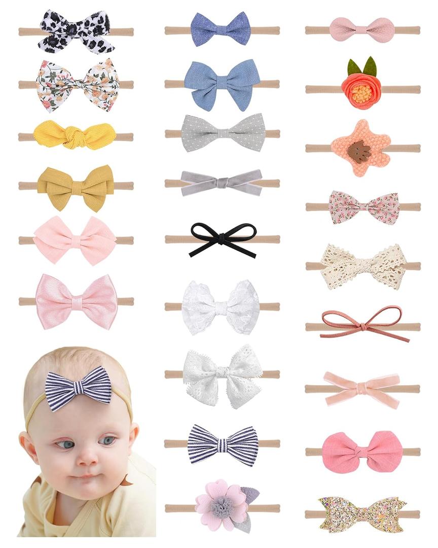 doboi 24pcs Baby Girls Flower and Hair Bows Headbands Soft Nylon Hairbands Elastic Hair Accessories for Newborns Infants Toddlers and Kids