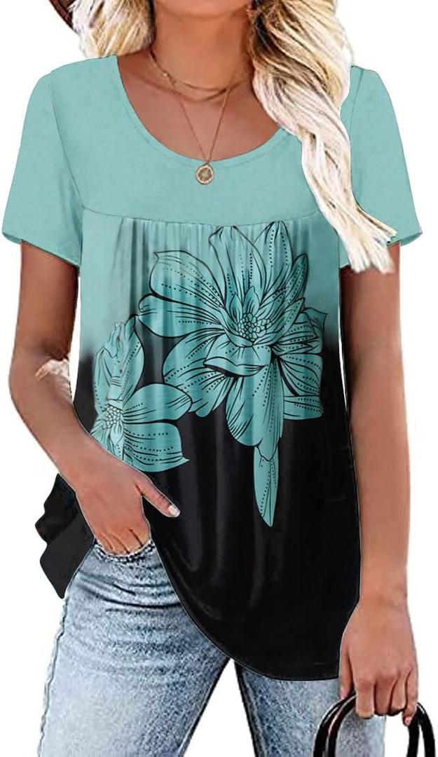 Women's Plus Size Summer Blouses Short Sleeve Floral Pleated Tunics Loose Fit Tops for Ladies M