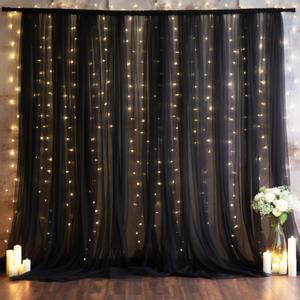 10x10ft Black Tulle Backdrop Curtain with Lights String for Parites, Sheer Photo Backdrop Curtains with Lights for Wedding Backdrop Ceremony Reception Bridal Shower Baby Shower Birthday Party (2 Panels(5*10FT))