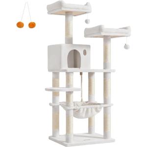 Feandrea Cat Tree, 56.3-Inch Cat Tower for Indoor Cats, Multi-Level Cat Condo with 11 Scratching Posts, 2 Perches, Cave, Hammock, Cream White UPCT015W02